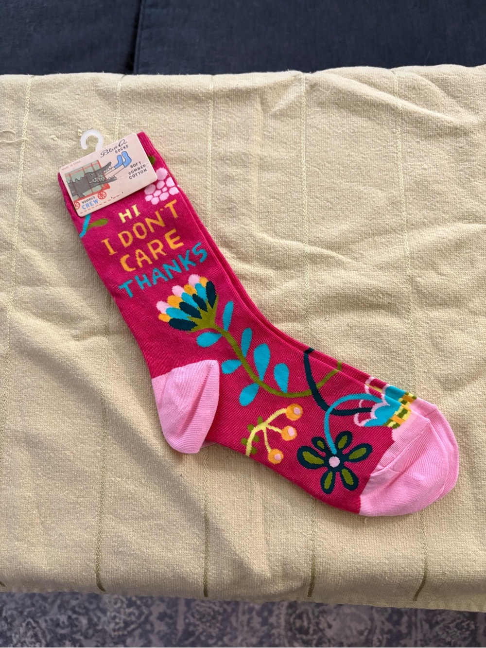 Blue Q Hot Pink Floral Crew Socks with Yellow Text